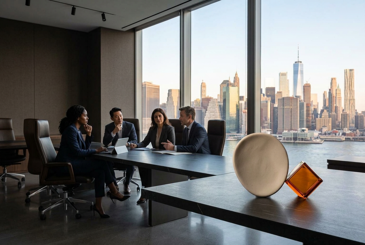 An executive meeting beside the cream disc and orange diamond brand objects in a New York office